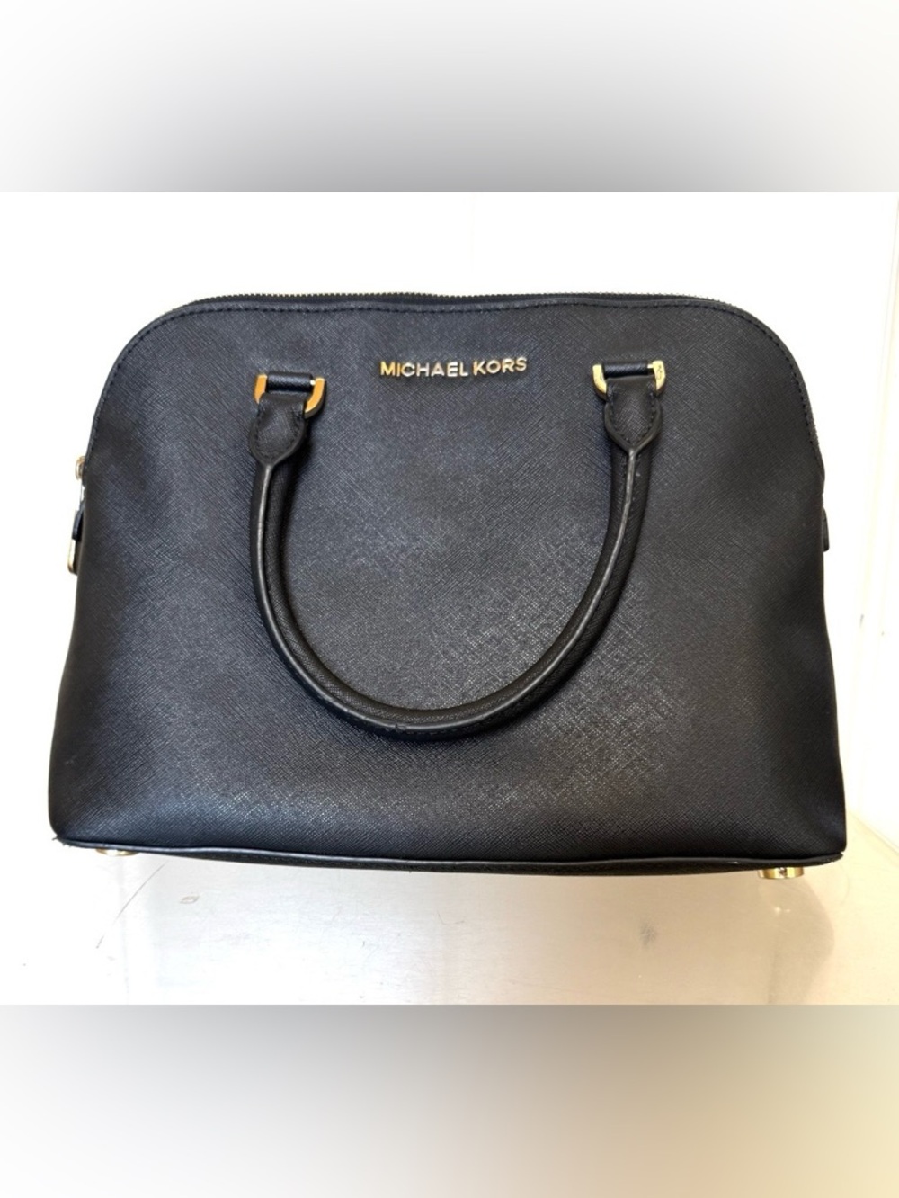 Michael Kors Black Saffiano Cindy Dome Satchel Black with Gold Hardware